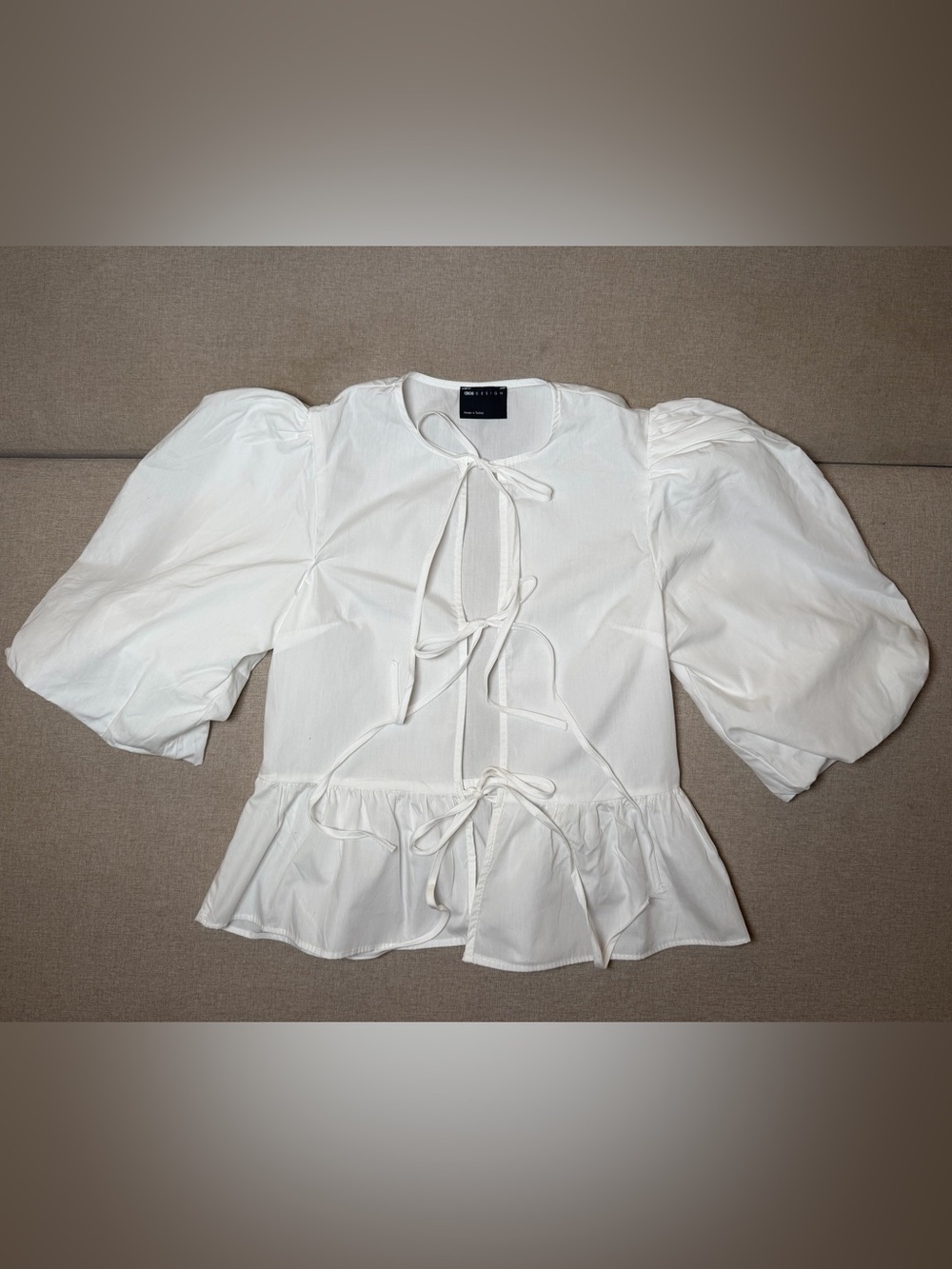 ASOS White Tie-Front Peplum Top with Puff Sleeves